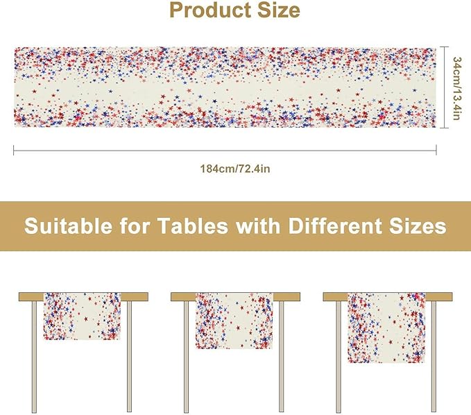 Independence Day Table Runner, 4th of July Red Blue Stars American President Day Holiday Confetti Print Table Cover for Kitchen Dining Table Indoor Outdoor Party, 13x90inch