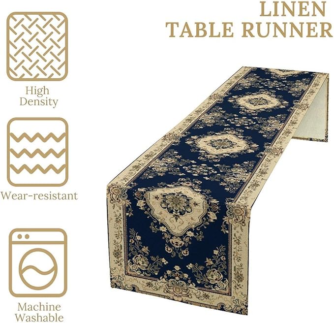 Vintage Elegant Farmhouse Table Runner Blue Beige Flower for Home Farmhouse Kitchen Table Dining Coffee Room Garden Party Wedding Decor 13x72in