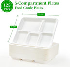 ECOLipak 100% Compostable 5 Compartment Plates, 125 Pack Disposable Paper Plates, Heavy-Duty Biodegradable Sugarcane Plates, Eco-Friendly School Lunch Trays