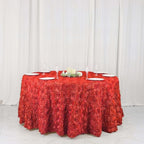 Efavormart 120" Wholesale Round Table Cover RED Grandiose Rosette 3D Satin Tablecloth for Wedding Party Event Decoration