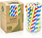 [10mm Wide] Chunspak 6" Short Fat Colorful Striped Paper Drinking Straws Disposable 100 Counts for Smoothie, Milkshakes, Thick Drinks - Biodegradable