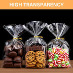 ZHEWTOEN Cellophane Bags, 100 Pcs 4x6 Inch Cellophane Treat Bags with Color Twist Ties, Clear Plastic Goodie Cello Treat Candy Bags for Cookies, Popcorn, Small Gift Wrapping, Party Favors