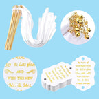 Junkin 100 Pcs Wedding Wands Streamers with Bells Set, 50 White Wedding Send Off Ribbon Streamers Sticks and 50 Favor Tags for Bridal Baby Shower Anniversary Holiday Send Off Party Activities Favors