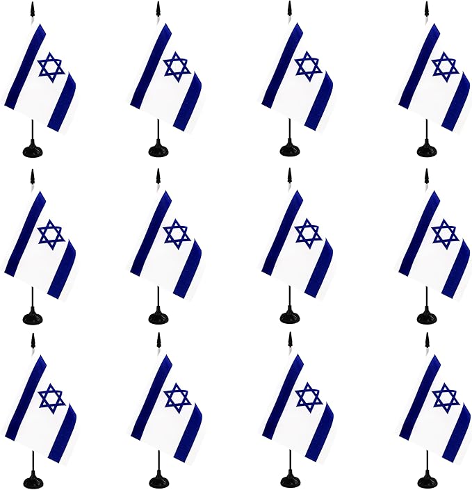 Israel Desk Flag, 12 Pack Israeli Table Office Flag with Black Solid Pole and Stand Base, International Country Flag, Festival Celebration, Classroom Meeting Desktop Decor (Israel)