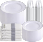 SUT 350 Pcs Silver Plastic Dinnerware Set for 50 Guests, Include: 50 Dinner Plates, 50 Dessert Plates, 50 Pre Rolled Napkins with Silver Silverware, 50 Cups, disposable plates for wedding, party