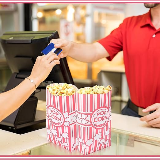 200 Pcs Paper Popcorn Bags Bulk 2 oz Large Flat Bottom Boxes Red and White Disposable Container Sleeve Movie Night Popcorn Bucket for Retro Movie Themed Party Carnival Supplies (Pink and White)