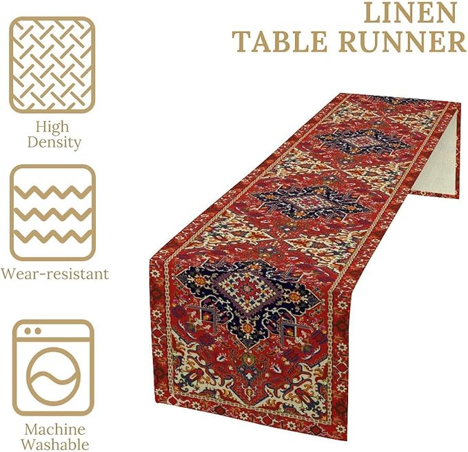 Boho Old French Table Runner, Vintage Red Beige Retro Flower Rustic Country Style Floral Print Pattern for Home Kitchen Table Decor Dining Coffee Room Garden Party Decor 13x36in