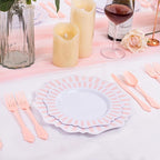 COLOSUS 150pcs Disposable Pink and White Stripped Plastic Plates and Silverware set, Light Pink Dinner/Dessert Plates silverware serve 30guests for Easter day, Wedding Party and Daily use.