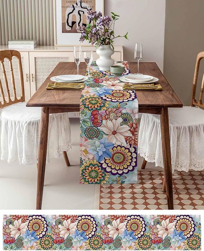 Boho Flowers Cotton Linen Table Runner for Dining Kitchen, Wedding Outdoor Party Tablerunners Decoration, Colorful Floral Farm Vintage Botanical Dresser Scarf Coffee Tablecloth Runners 13x90 Inches