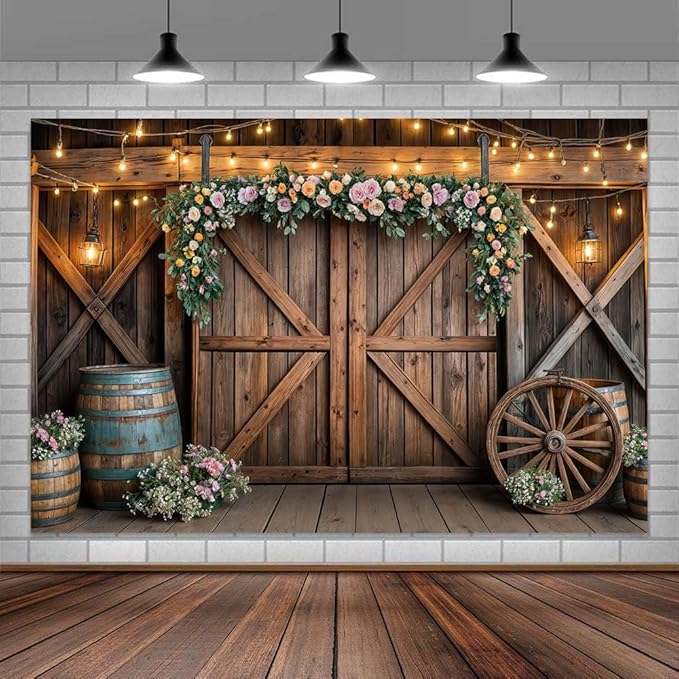 9x6ft Country Wedding Photography Backdrop Rustic Barn Door Photography Backdrop Farmhouse Pink Flower Cabin Wooden Birthday Baby Shower Wedding Bridal Party Banner Photo Booth Props Background