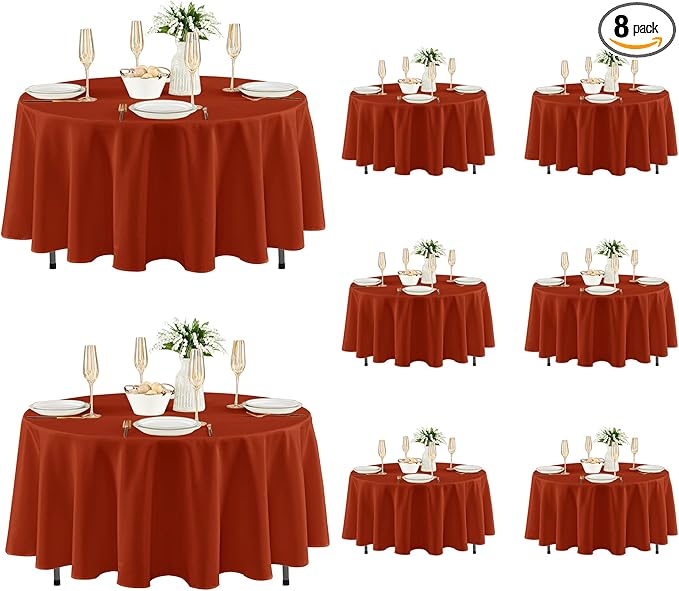 Fitable 8 Pack Round Tablecloths: Stain Resistant Wrinkle Free Fall Table Clothes, Washable Reusable Polyester Table Covers for Wedding Thanksgiving Party Birthday Banquet Reception(Rust, 84 Inch)
