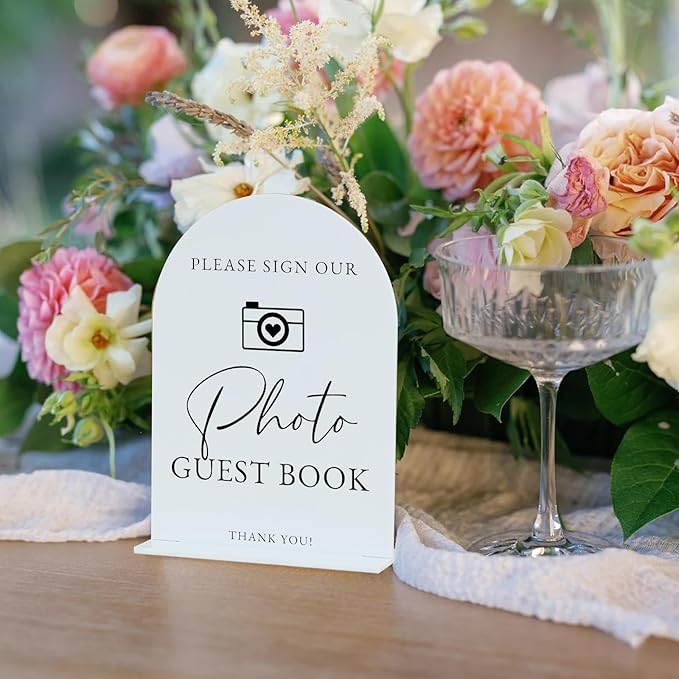 Acrylic Photo Guestbook with Stand- 5"x7" White Arched Wedding Sign and Base,1/8" Thick | Modern Calligraphy Black Lettering Arch Acrylic Sign for Wedding Reception & Party(5x7Inch, White)