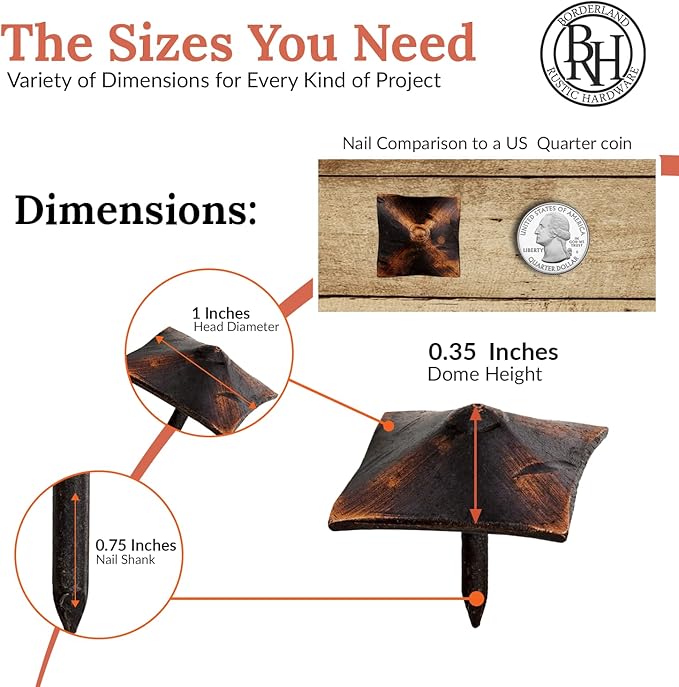 50 Pack 1" Square Head Iron Clavos Decorative Nails – Oil Rubbed Bronze – Handmade Rustic Square Fasteners for Farmhouse Shutters, Barn Doors, Shutters, and Gates – Ornamental Wood Accent