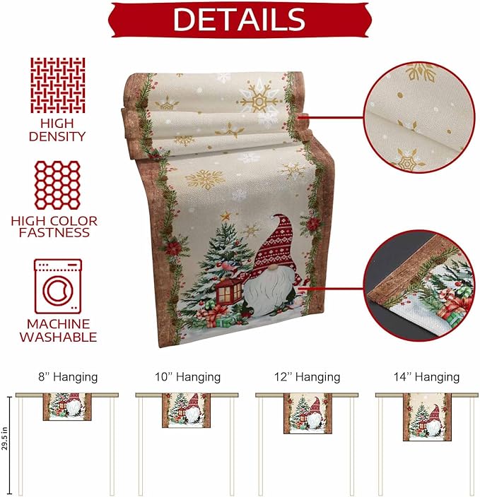 Christmas Gnomes Cotton Linen Table Runner for Dining Kitchen, Xmas Pine Tree Snowflake Rustic Wedding Outdoor Party Tablerunners Decoration, Retro Wood Dresser Scarf Tablecloth Runners 13x120 Inches