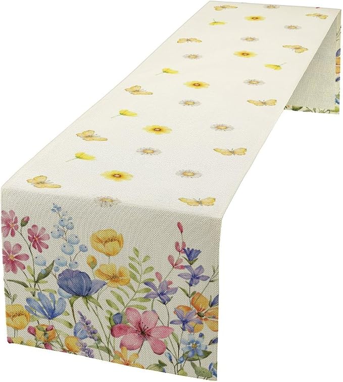 Flower Table Runner, Colorful Watercolor Pink Flower Plants Nature Butterfly Table Runner for Kitchen Dinner Living Room Home Party, 13x108 Inch