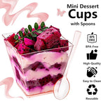 YOUBET 102 PCS Plastic Dessert Cups - 8oz Pink Clear Square Cups - 51 Pack Mini Appetizer Cup with Pink Tasting Spoons for Pudding, Fruit, Yogurt Parfait and Ice Cream