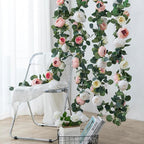 Floweroyal 2 Pack Artificial Flower Garlands 11.2FT Eucalyptus Garlands with Flowers 8 Head Peony Flower Vine Faux Floral Garland for Wedding Arch Table Wall Backdrop Wreath Decoration. (Pink & White)