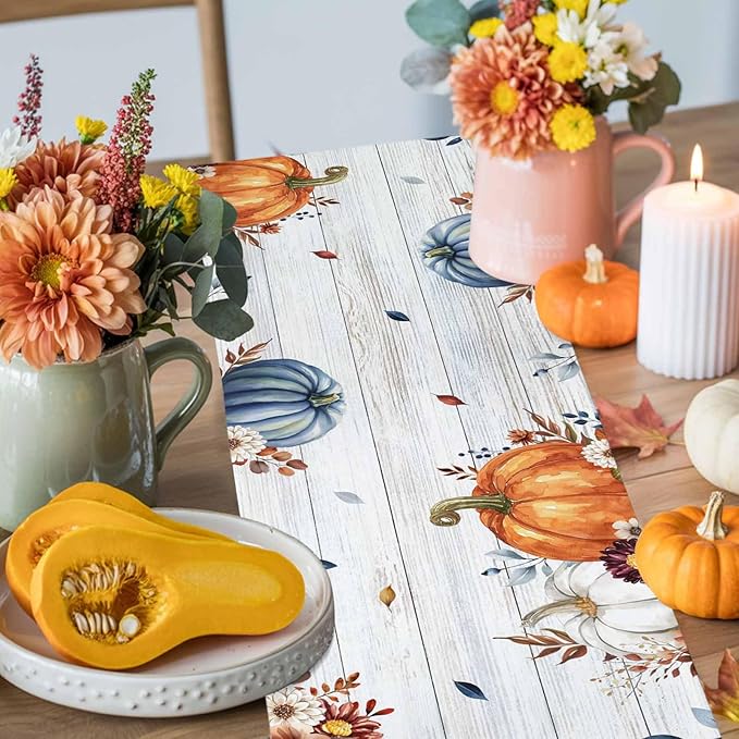 Thanksgiving Fall Cotton Linen Table Runner for Dining Kitchen, Pumpkins Eucalyptus Wedding Outdoor Party Tablerunners Decoration, Farmhouse Wooden Dresser Scarf Coffee Tablecloth Runners 13x60 Inches