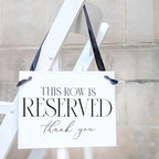 Ritzy Rose Set of 2 Reserved Row Sign for Wedding Ceremony Chairs or Events - Thick Paper Banner for Seating - White Linen Cardstock with Black Font and Black Satin Ribbon - 11x8.5 inches