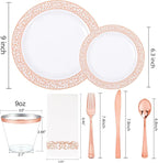 Festiva 350PCS Rose Gold Plastic Dinnerware Set - Disposable Lace Rose Gold Plates and Napkins Party Supplies - include plates,napkins,cups,silverware - Serve for 50 Guests Party&Wedding&Mother's Day