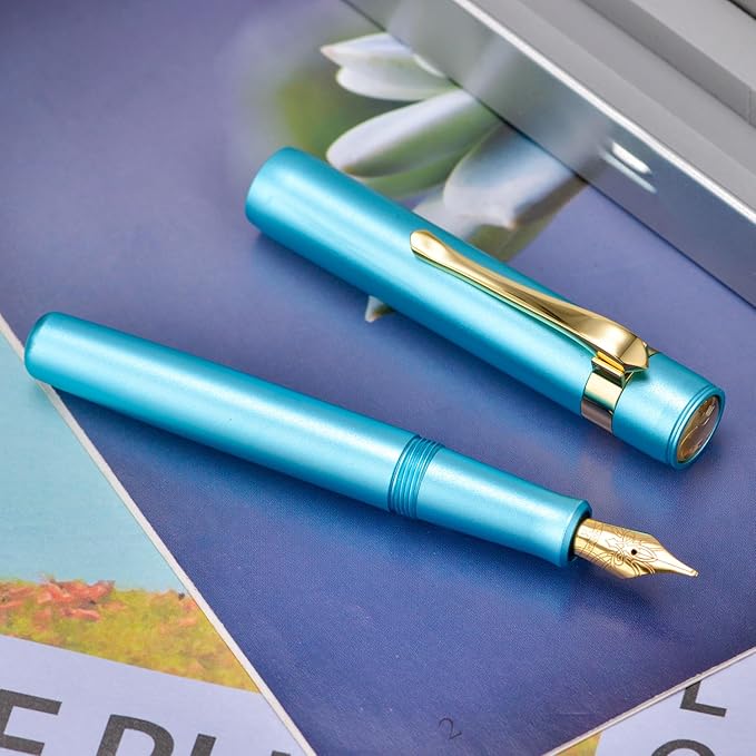 HONG DIAN M2 Black Forest Mini Fountain Pen, Bent Nib & Sleek Shape Aluminium Short Pocket Travel Pen (Lake Blue)