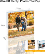 5 Pack 5x5 Acrylic Picture Frames - 20% Thicker Double Sided Magnetic Frame with UV Protection - Freestanding Clear Frameless Display for Tabletops - Modern Photo Frame Set for Home & Office Decor