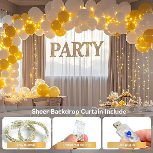 10×10ft Tulle Backdrop Curtains with Lights String - 300LED Fairy Lights Sheer Curtain Backdrop for Weddings Baby Shower and Birthday Party Decorations(8 Panels 5×10ft)