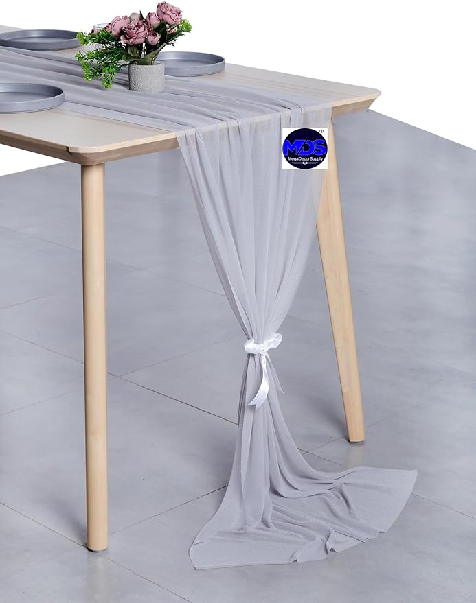 MDS Halloween Chiffon Table Runner - 20 Pack, 29 x 170 Inches, 14ft Each - Sheer Spooky Table Runners for Haunted House Parties, Trick-or-Treat Tables, Witchy Décor, Wedding & Events - Cool Gray