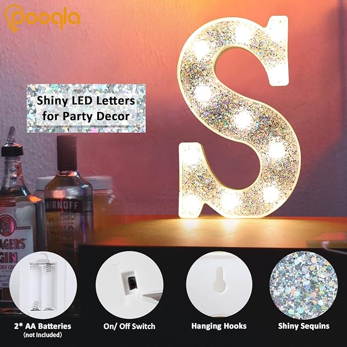 Pooqla Light Up Letters, LED Marquee Letters for Silver Birthday Decorations, Battery Powered Night Light Teenager Girl Room Decor, Gift for Girls Boys Wedding Bedroom Christmas Party Decor, Letter H