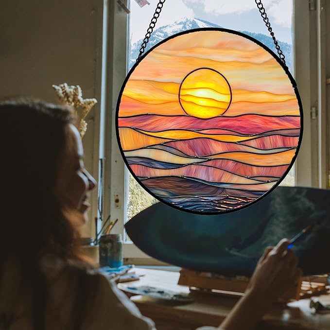 Stained Glass Window Hanging, Orange Sunrise Suncatcher Diamond Glass Panel Hangings Scenery Sun Catchers Decor for Birthday for Women, Men, Wife, Aunt, and Mom 11.8 in