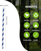 Navy Blue Striped Paper Drinking Straws, Disposable Swirl Retro Navy Stripes Straws for Lemonade, Water and Juice, Anchor Nautical Party Decorations