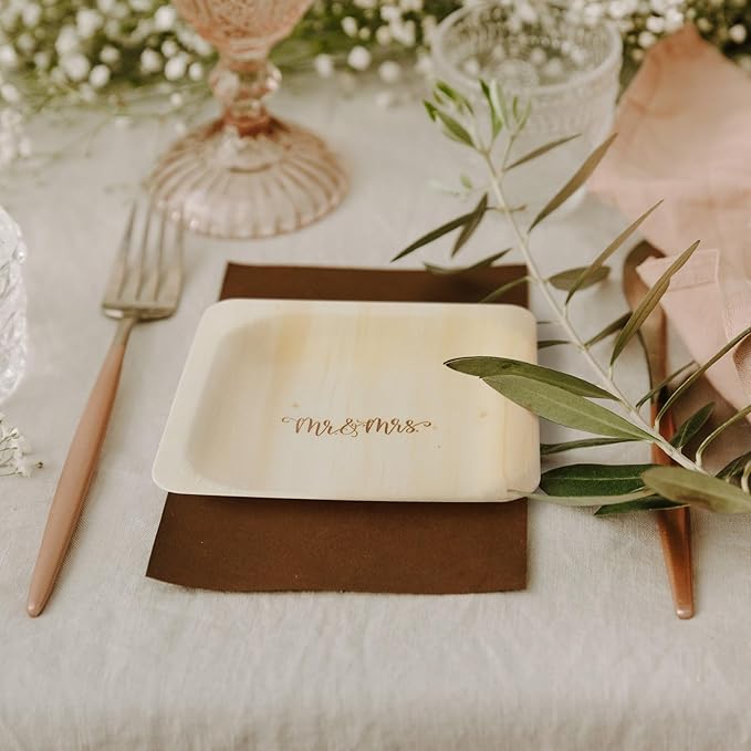 Mr. and Mrs. Disposable Wedding Plates – Rustic, Compostable Alternative to Plastic Plates for Wedding Receptions, Engagement Parties, and Rehearsal Dinners (Appetizer, 50-Pack)