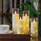 Ivory Flameless Candles with Remote and String Light, 2.2"x 5",5",6",7",7",8" LED Battery Operated Plastic Flickering Timer Pillar Candles(Pack of 6,Turn On/Off String Light Mode)