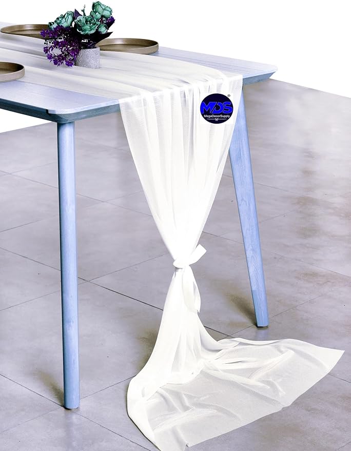 MDS 25 Pack 10ft Chiffon Table Runner 29 x 120 Inches Sheer Wedding Runner Romantic Rustic Table Runner for Wedding Decorations, Birthday Parties, Bridal Shower Party Arch Decor - Ivory