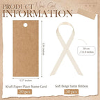 50 Pcs Name Place Cards for Table Setting Blank Wedding Place Cards with Satin Ribbon 1.57 x 3.54 Inch Hanging Gift Tags for Wedding Dinner Banquet Party Table Setting Supplies (Kraft)