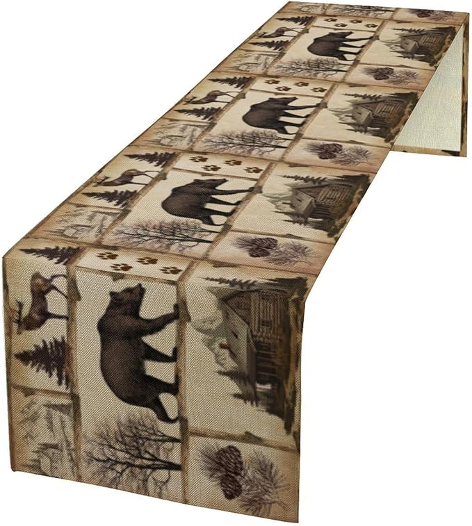 Rustic Cabin Table Runner, Retro Moose Cone Deer Bear Farmhouse Lodge Table Runner for Dinner Living Room Kitchen Vintage Country Cottage 13x70 Inch