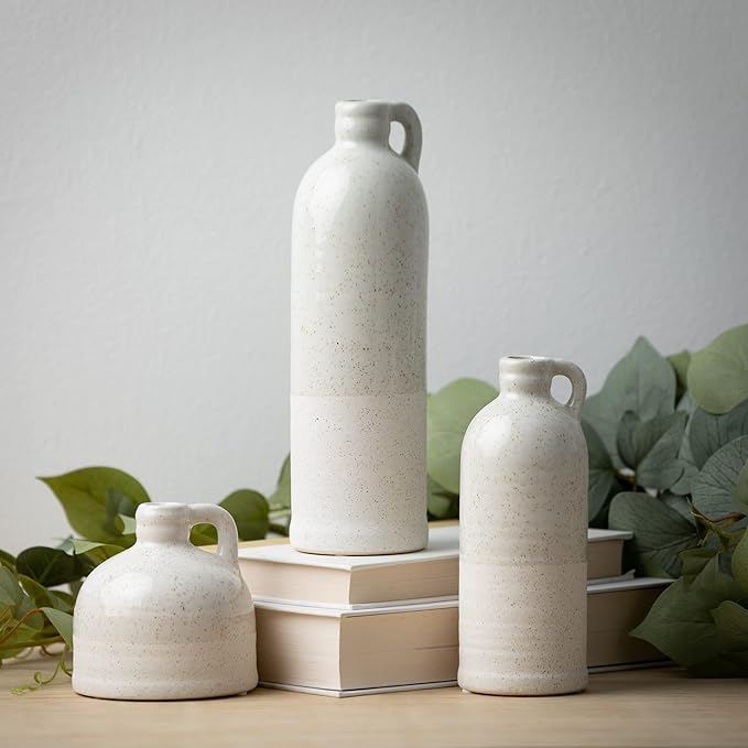 Sullivans Modern Farmhouse Distressed Two-Toned White Small Ceramic Jug Set of Three (3), 4, 7.5, 10” Tall, Crackled Finish Faux Floral Jugs, Distressed Decoration