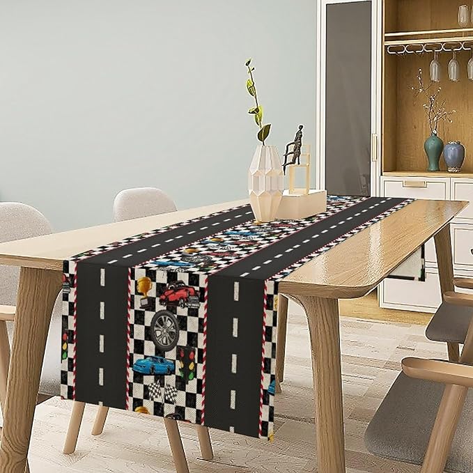Race Car Table Runner,Checkered Flag Black and White Race Cars Pattern Print Tablecloth Burlap for Hotel Indoors Outdoor Dining Room Kitchen Home Decor,W13X L90 in