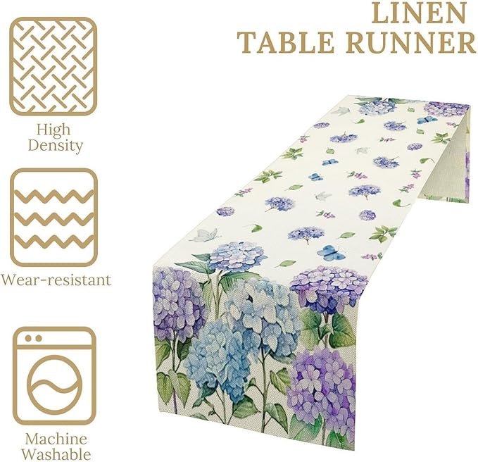 Spring Hydrangea Flower Table Runner, Seasonal Summer Plants Watercolor Florals Butterfly Dinner Runner for Home Kitchen Dining Table Party Holiday Decoration 13"x90"