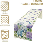 Spring Hydrangea Flower Table Runner, Seasonal Summer Plants Watercolor Florals Butterfly Dinner Runner for Home Kitchen Dining Table Party Holiday Decoration 13"x60"