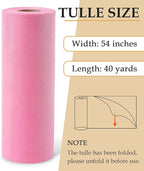 Pink Tulle Fabric Roll, 54" x 40 Yards (120FT) Tulle for Wedding Valentine's Day Decoration DIY Tutu Party Backdrop Baby Shower Table Skirts Gift Wrapping