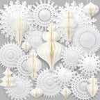 Cinnvoice 16 Pcs White Paper Snowflake Decorations 12 Pcs Christmas Paper Honeycomb Balls Ornaments Xmas Hanging Decorations Birthday Party Supplies for Christmas Tree Winter Party Wonderland