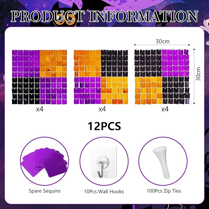 12PCS Black Orange Purple Shimmer Wall Backdrop, Laser Square Sequin Photo Backdrops Panel, Glitter Wall Background for Birthdays, Weddings, Halloween Party Decor (3FTx4FT)