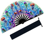 13" Large Rave Fan Bamboo, Folding Clack Hand Fans Foldable for Men Women, Boots on the Ground Poping Fan for EDM Festival Line Dance Decoration, (Jellyfish, Large 13")