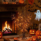 Birchlitland Halloween Branch Lights with Timer Battery Operated 75 LED Orange Fairy Lights, Lighted Black Willow Branches 21IN for Home Decor
