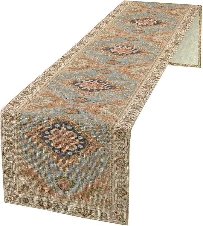 Vintage Boho Floral Table Runner, Rustic Country Farmhouse Grey Blue Orange Bohemia Flower Pattern for Home Kitchen Table Decor Dining Coffee Room Party Decor 13x60in