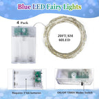 4 Pack 20FT 60LED Battery Operated Fairy Lights with Timer, Waterproof Battery String Lights Outdoor Indoor, Battery Twinkle Light for Bedroom Wedding Birthday Party Chirstmas (Blue)