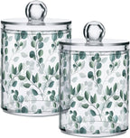 Qtip Holder Dispenser 4 Pack Green Watercolor Floral Leaves Apothecary Jars with Lids Bathroom Vanity Countertop Canister Storage Organizer for Cotton Ball,Swabs,Pads,Floss