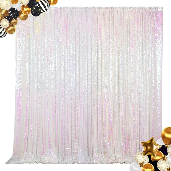 ShinyBeauty Iridescent White Sequin Backdrop | 4FTx7FT Photo Booth Backdrop for Graduation, Wedding, and Elegant Events | Sparkly and Seamless Fabric Background