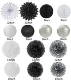 Black-White Silver Party-Decorations Paper-Lanterns - 14pcs New Years Streamers Fan,Tissue Pom Poms,Graduation Men Boys Birthday Wedding Baby Bridal Shower Decor Lasting Surprise